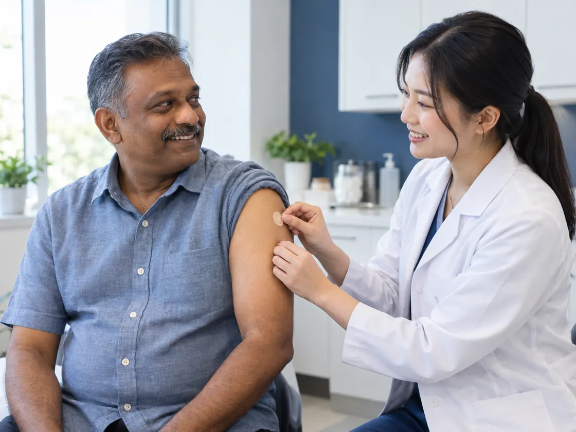 A pharmacist placing a plaster on a man's arm after his vaccination