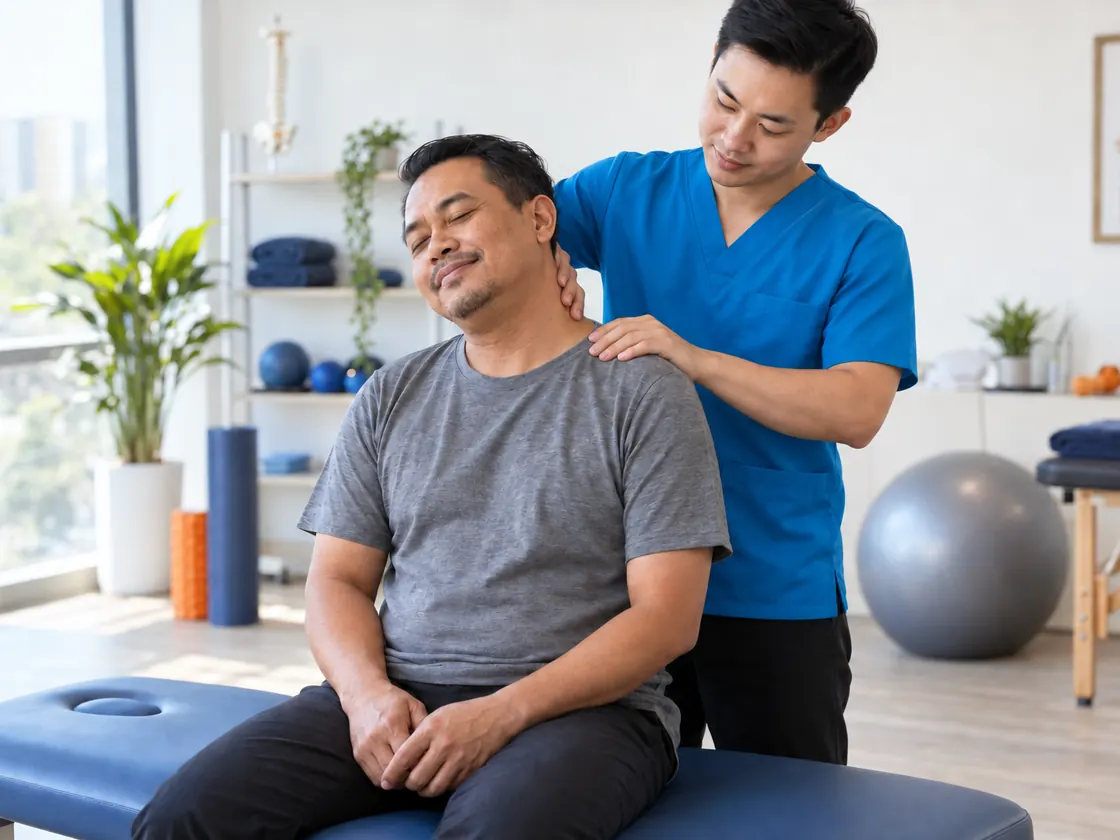 A physiotherapist working on a man's neck and shoulders