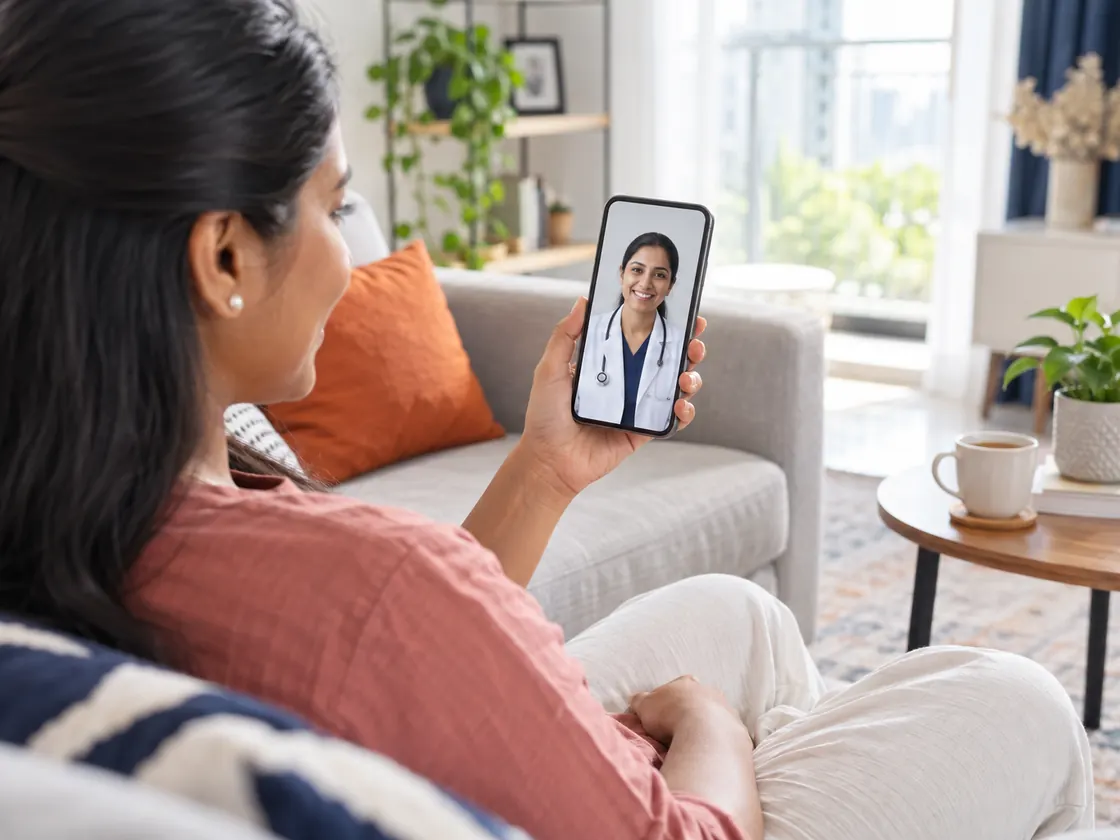 A woman on her sofa talking to a doctor on a video call